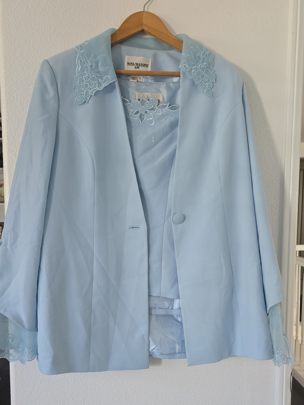 3 Pcs Massini Pale Blue Women's Embroidered Collar Blazer With Skirt